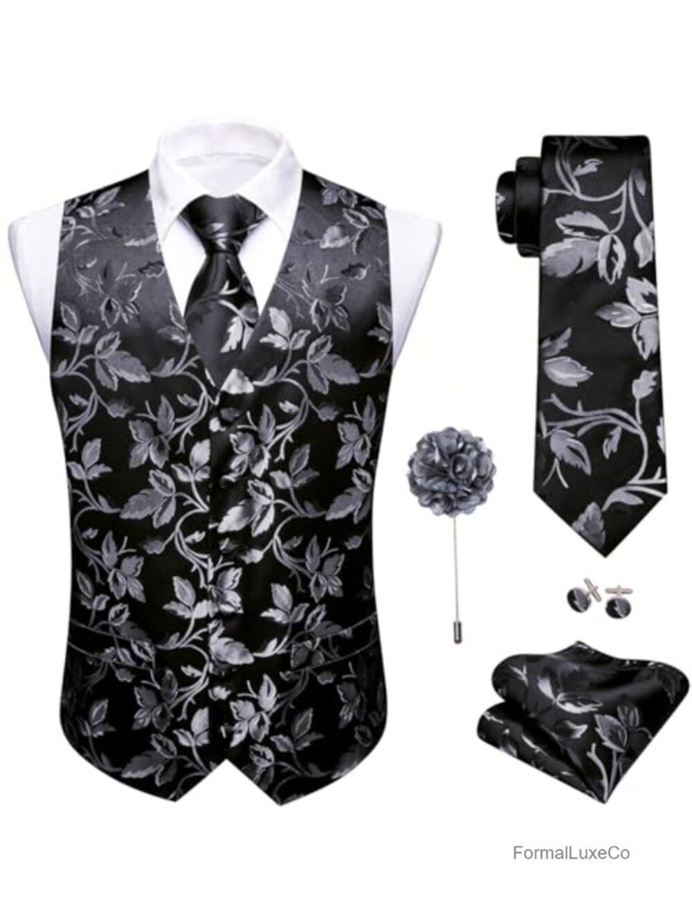 Mens Formal Floral Jacquard Silk Vest Tie Set 5PCS Waistcoat